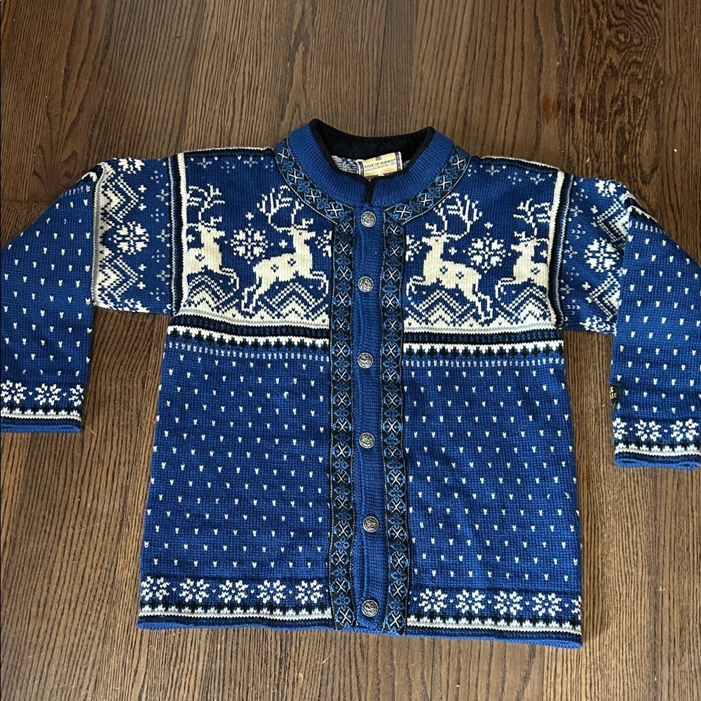 Vtg Dale of Norway blue reindeer wool cardigan sweater sz S